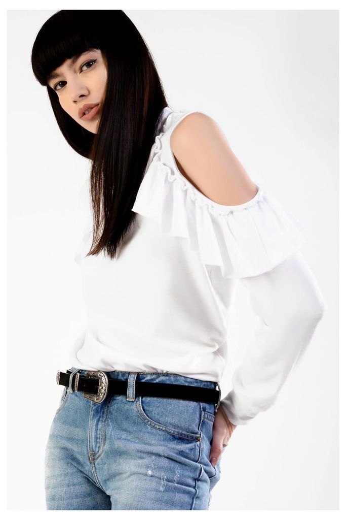 White Jersey Cold Shoulder Ruffle Top