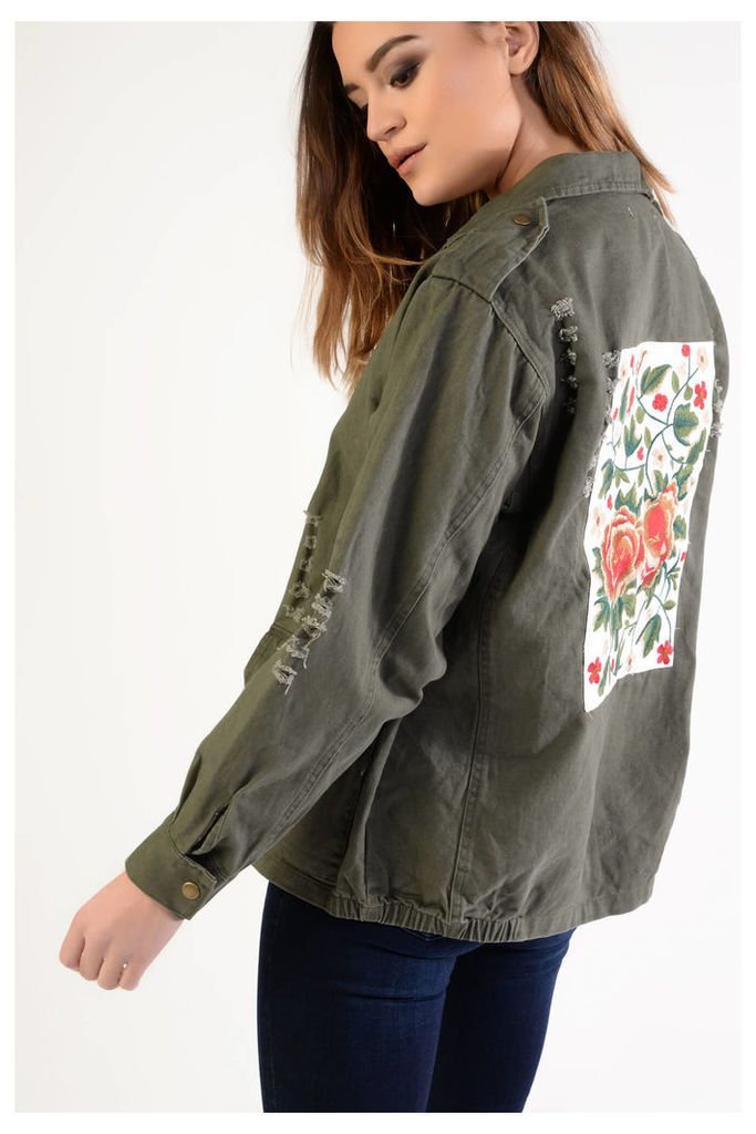 Khaki Utility Jacket With Floral Embroidered Back