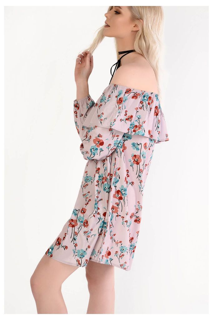 Lilac Poppy Print Off Shoulder Dress