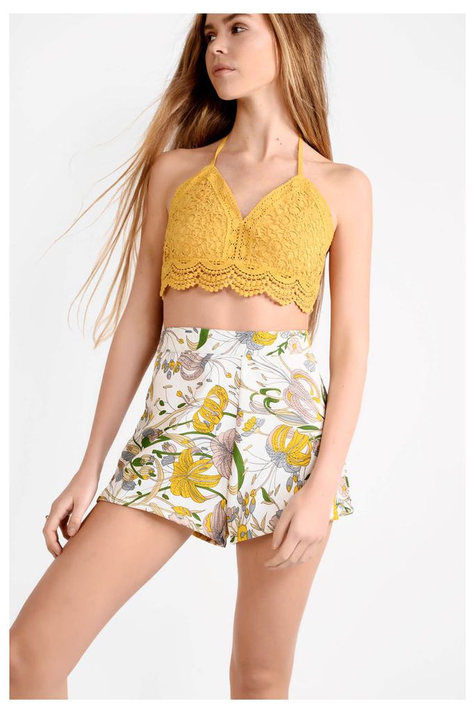 White Mix High Waisted Floral Print Shorts