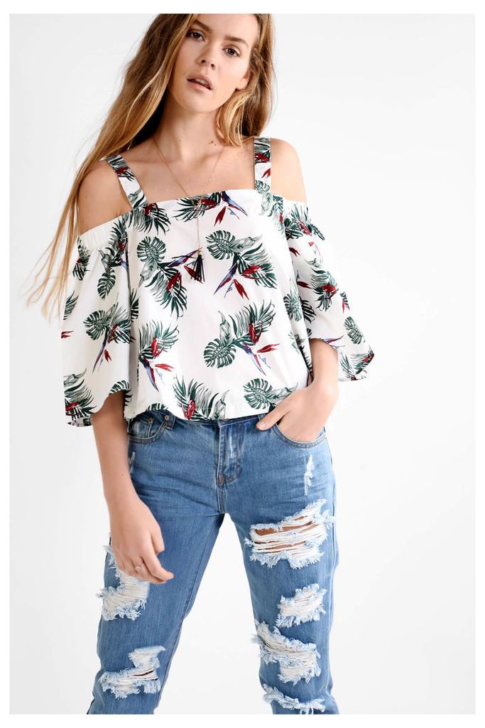 White Tropical Print Cold Shoulder Top