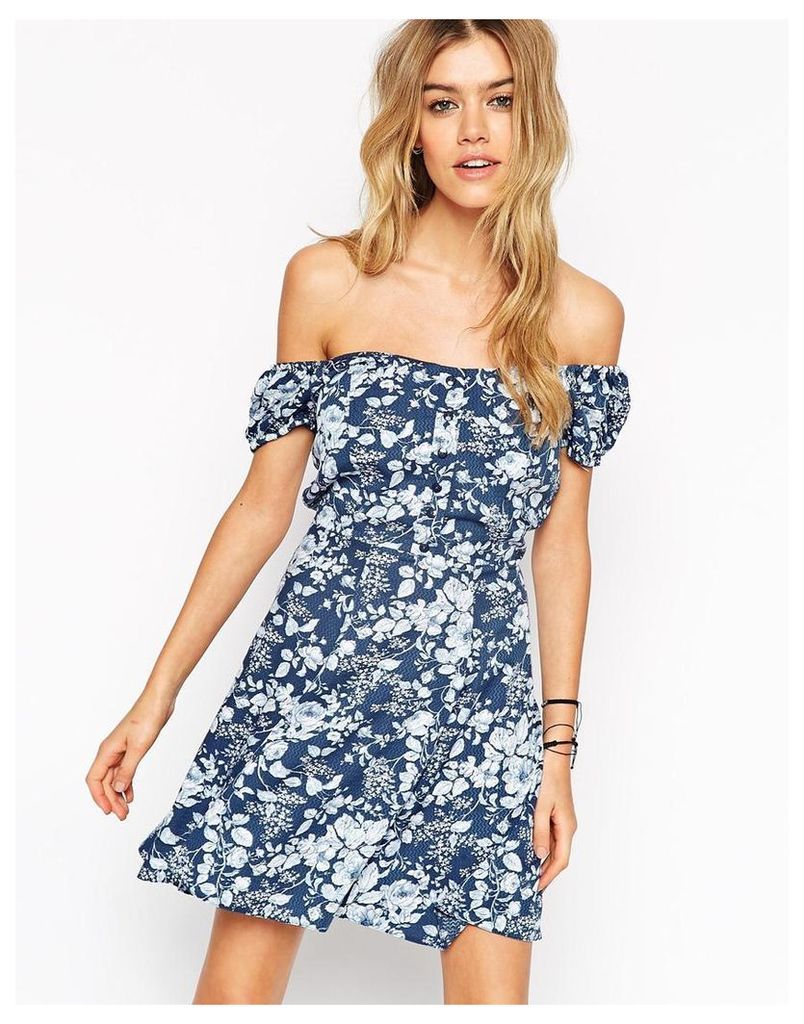 ASOS Reclaimed Vintage Off Shoulder Dress In Floral Print - Blue