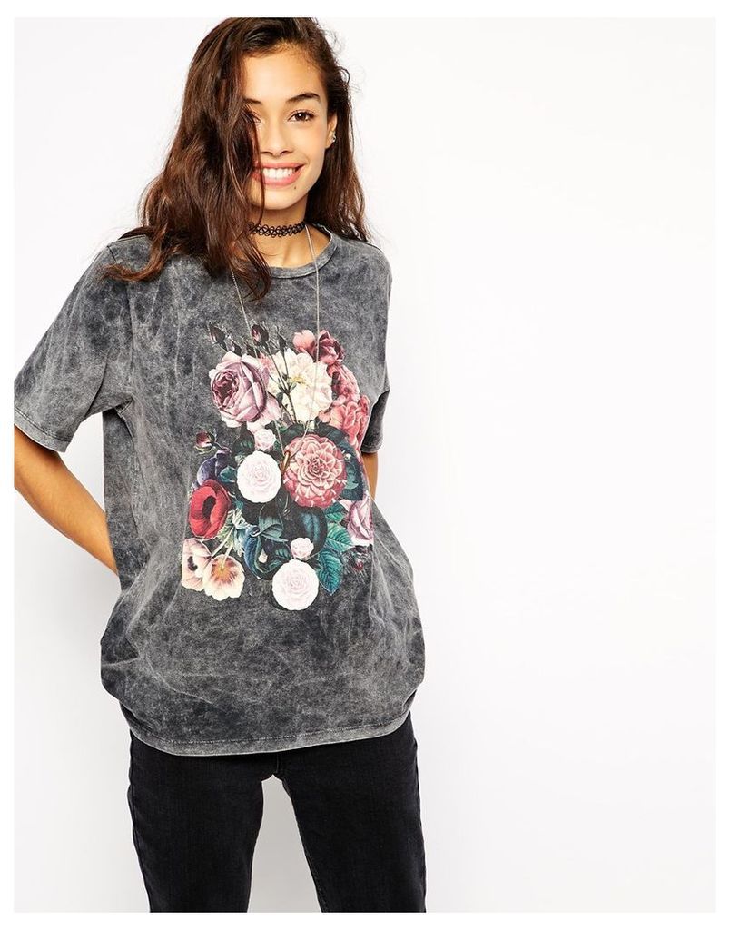 ASOS T-shirt in Acid Wash and Floral Print - Grey