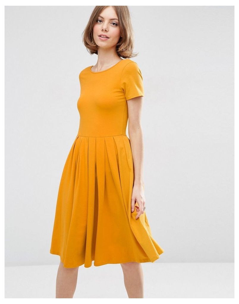 ASOS Midi Pleated Skater Dress with Scoop Back - Mustard