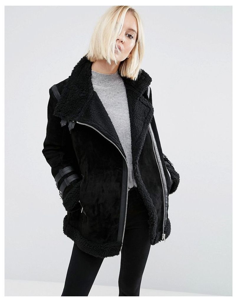 ASOS Suede Aviator Jacket with Faux Shearling - Black