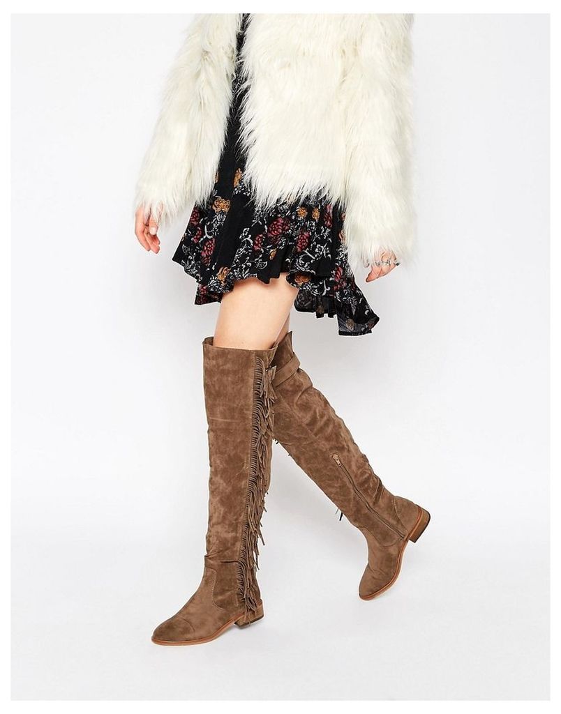 Truffle Collection Orla Fringe Over The Knee Boots - Taupe suedette