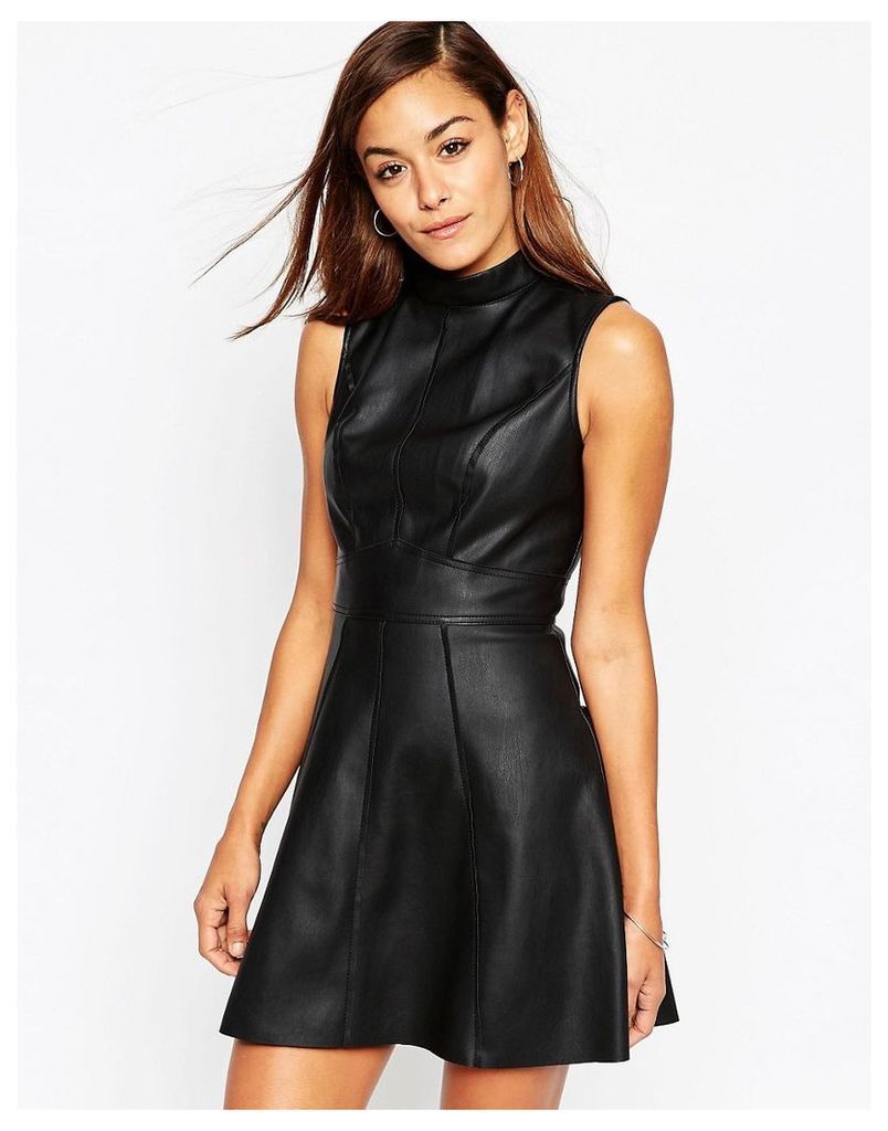 ASOS Skater Dress in Leather Look with High Neck - Black