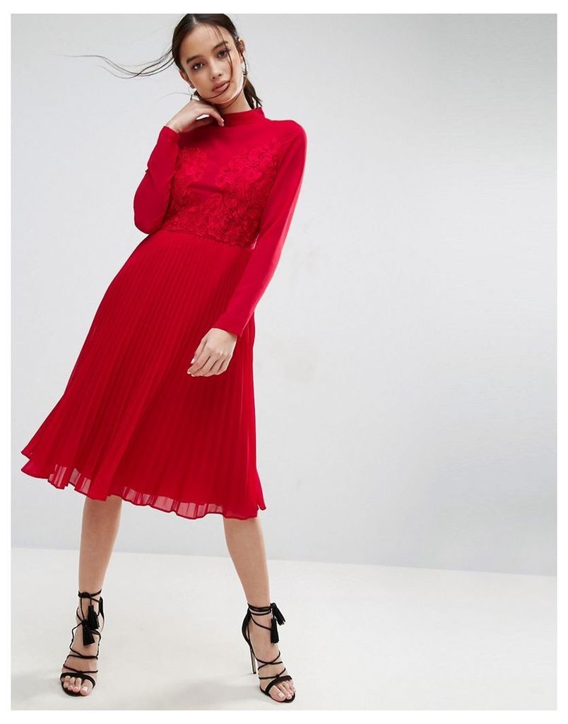 ASOS High Neck and Lace Insert Pleated Midi Dress - Red