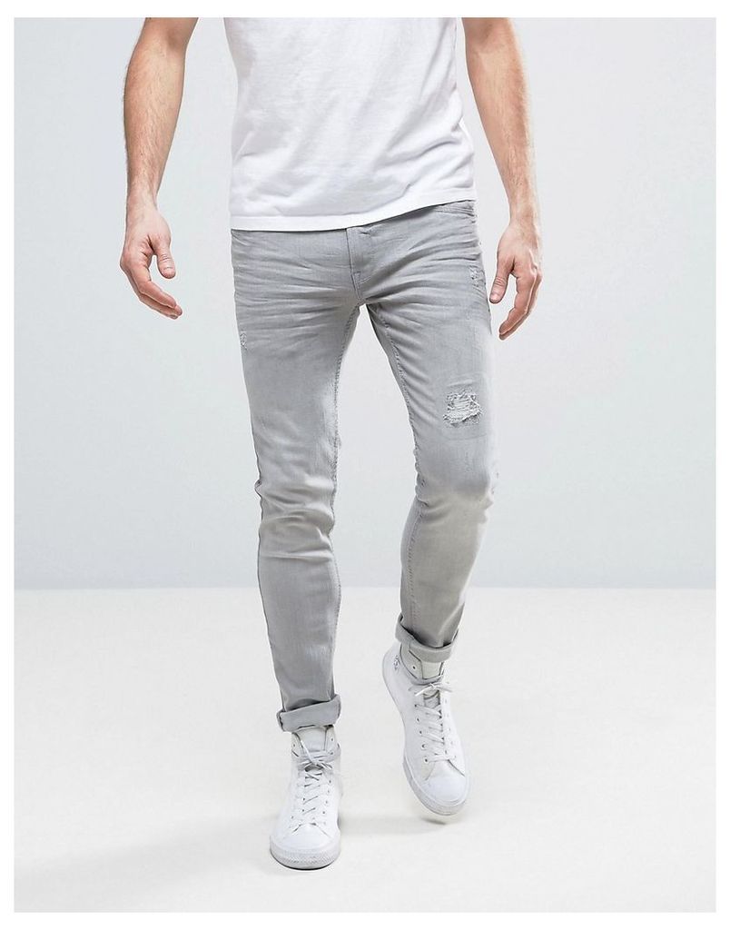 Redefined Rebel Skinny Fit Jeans in Grey With Distressing - Bleached grey