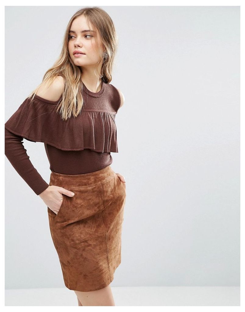 ASOS Fine Jumper With Ruffle Cold Shoulder - Chocolate