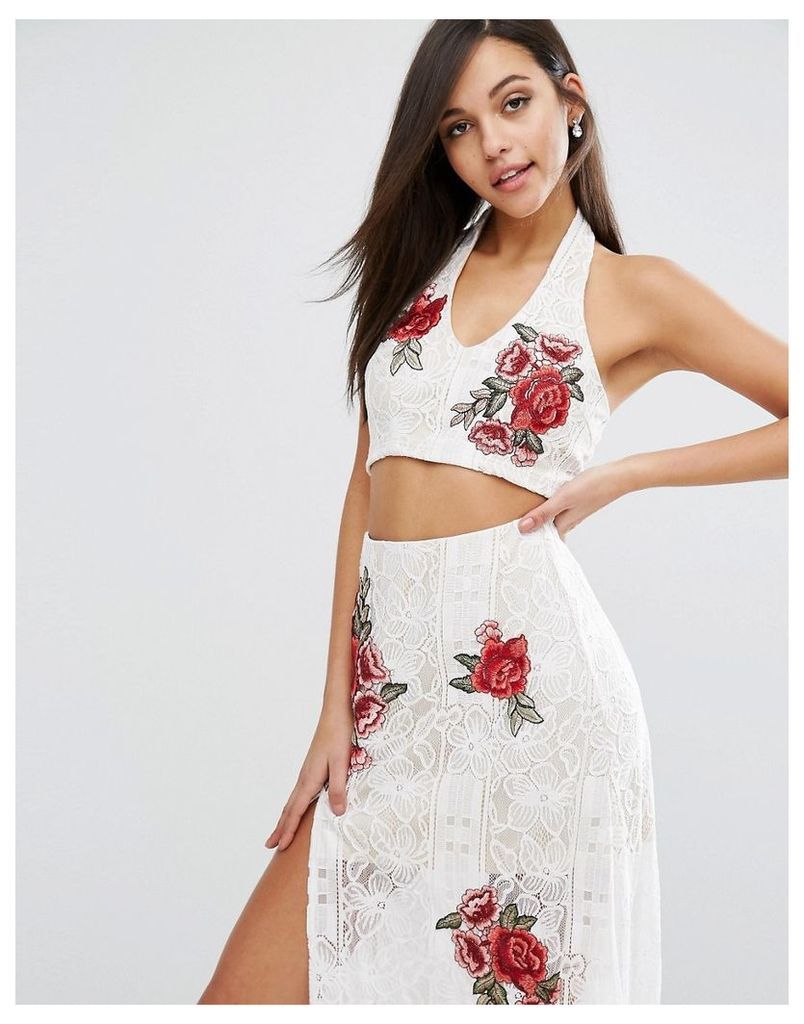 Love Triangle Lace Crop Top With Floral Embroidery Co-Ord - White