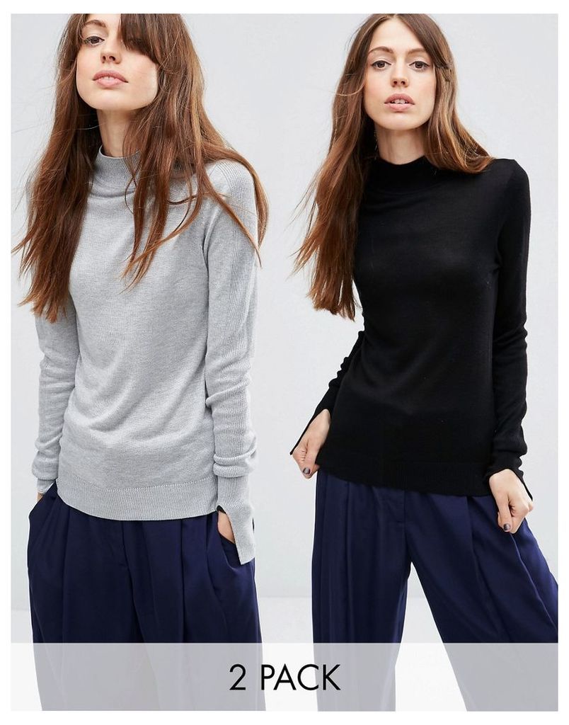 ASOS Jumper With Turtle Neck in Soft Yarn 2 Pack - Mid grey/black