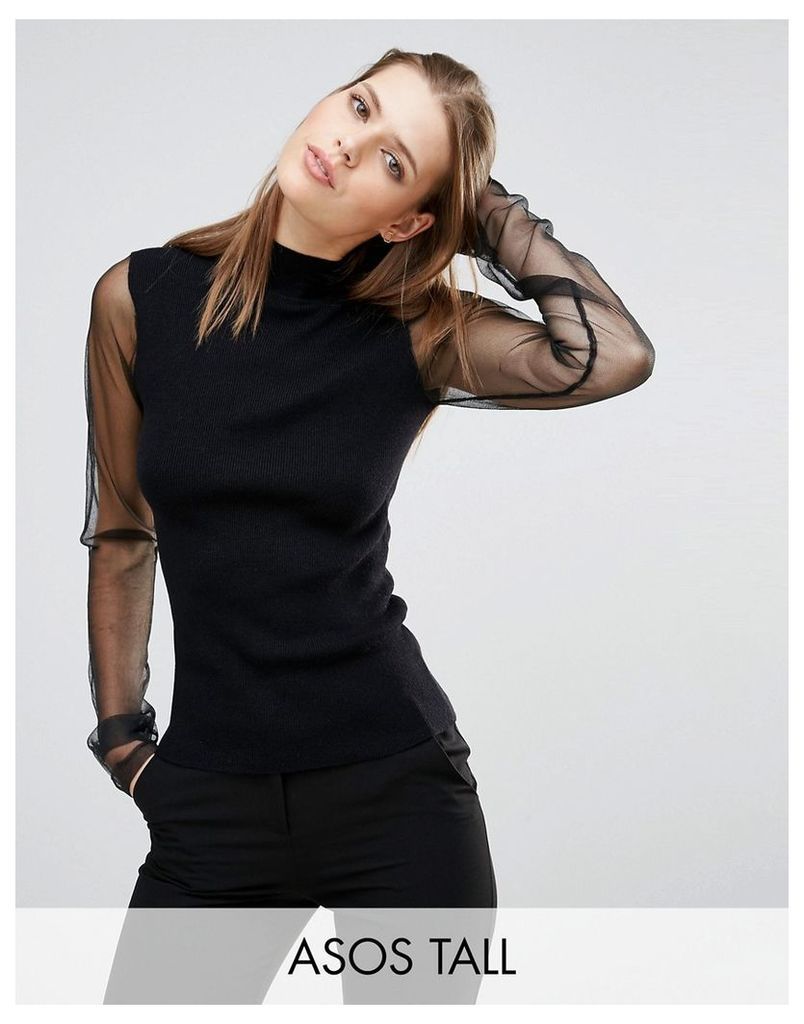 ASOS TALL Jumper With High Neck And Sheer Sleeve - Black