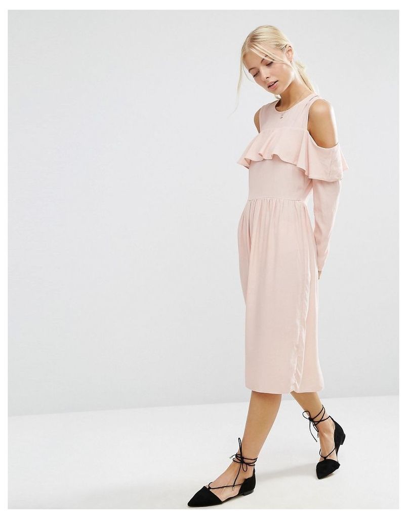 ASOS Ruffle Front Cold Shoulder Dress - Nude