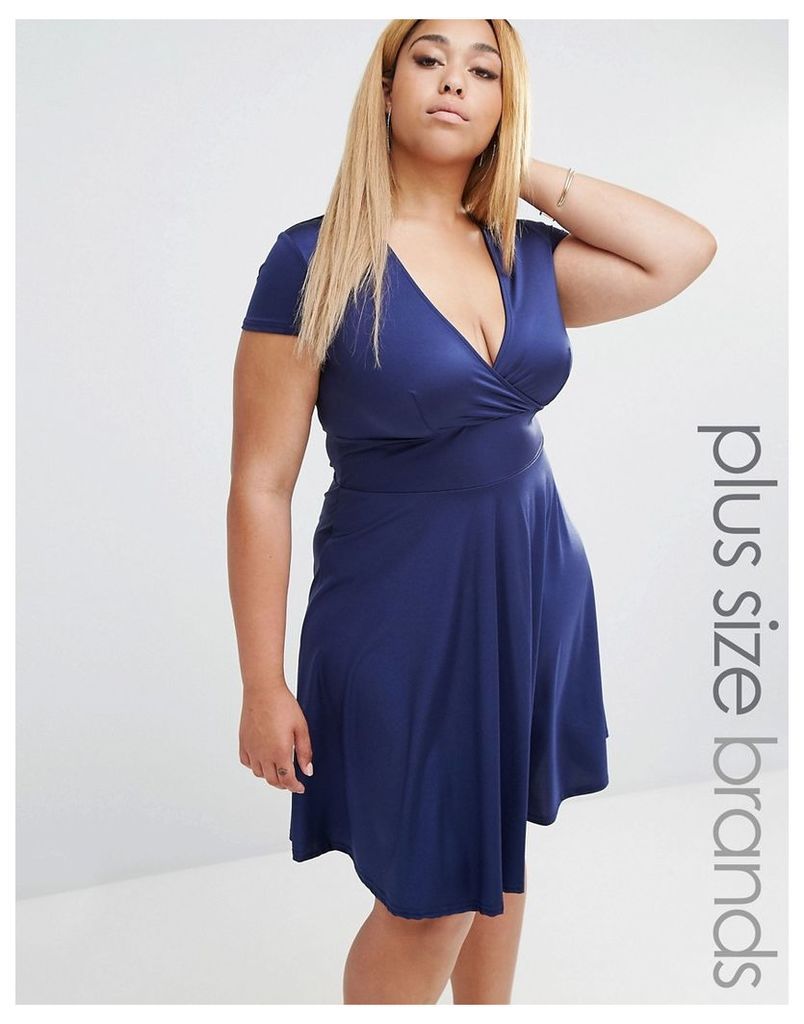 Club L Plus Plunge Front Skater Dress With Cap Sleeve - Navy