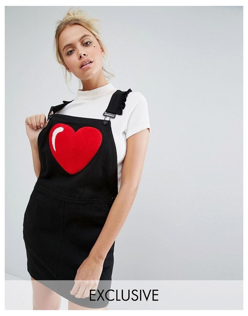 Lazy Oaf Exclusive Heart Pinafore Dress In Denim - Black