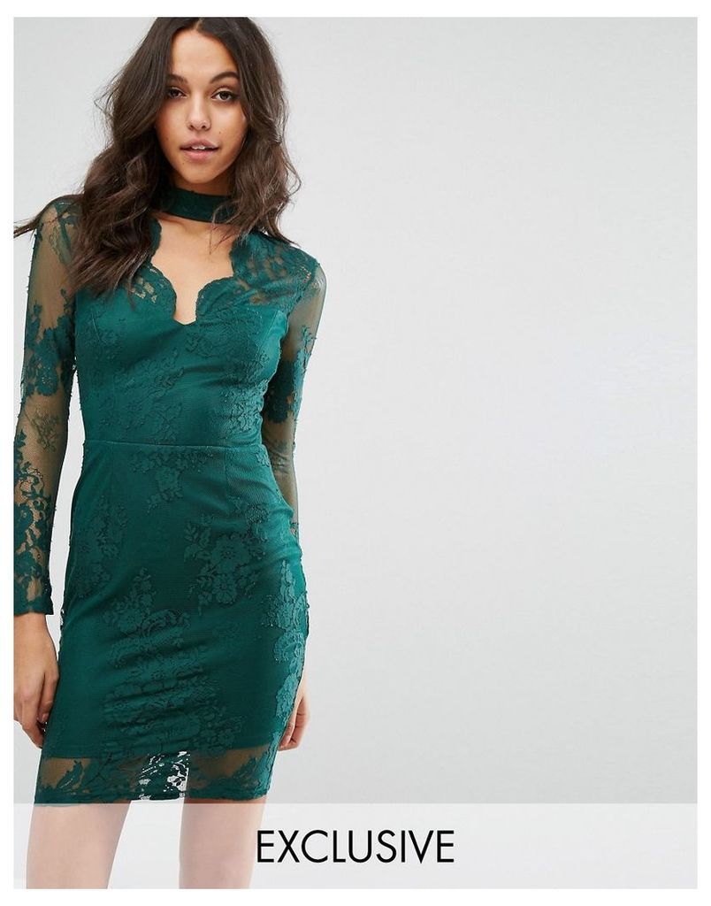Michelle Keegan Loves Lipsy Lace Bodycon Dress With Plunge Neck - Green