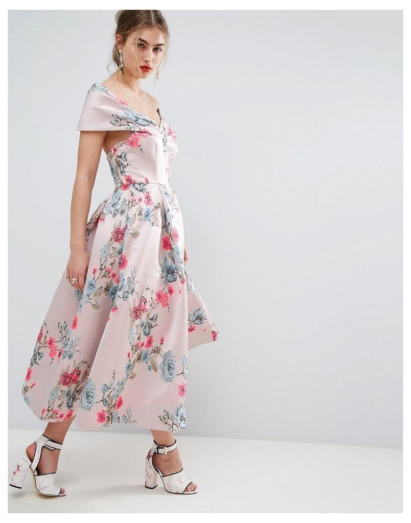 ASOS SALON Floating Bardot Jacquard Midi Prom Dress - Multi