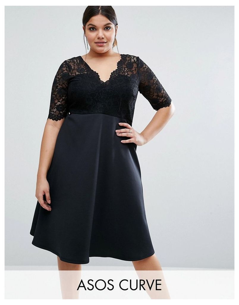 ASOS CURVE Midi Skater Dress with Scuba Skirt and Lace Top - Black