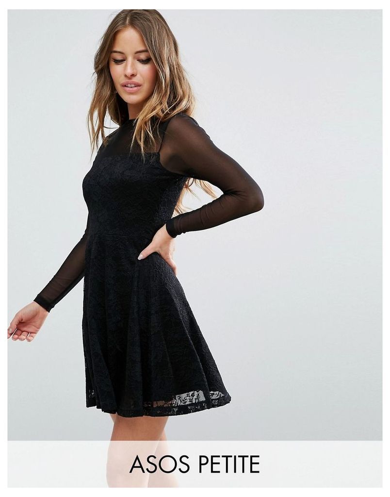 ASOS PETITE Mesh Top Lace Skater Mini Dress - Black