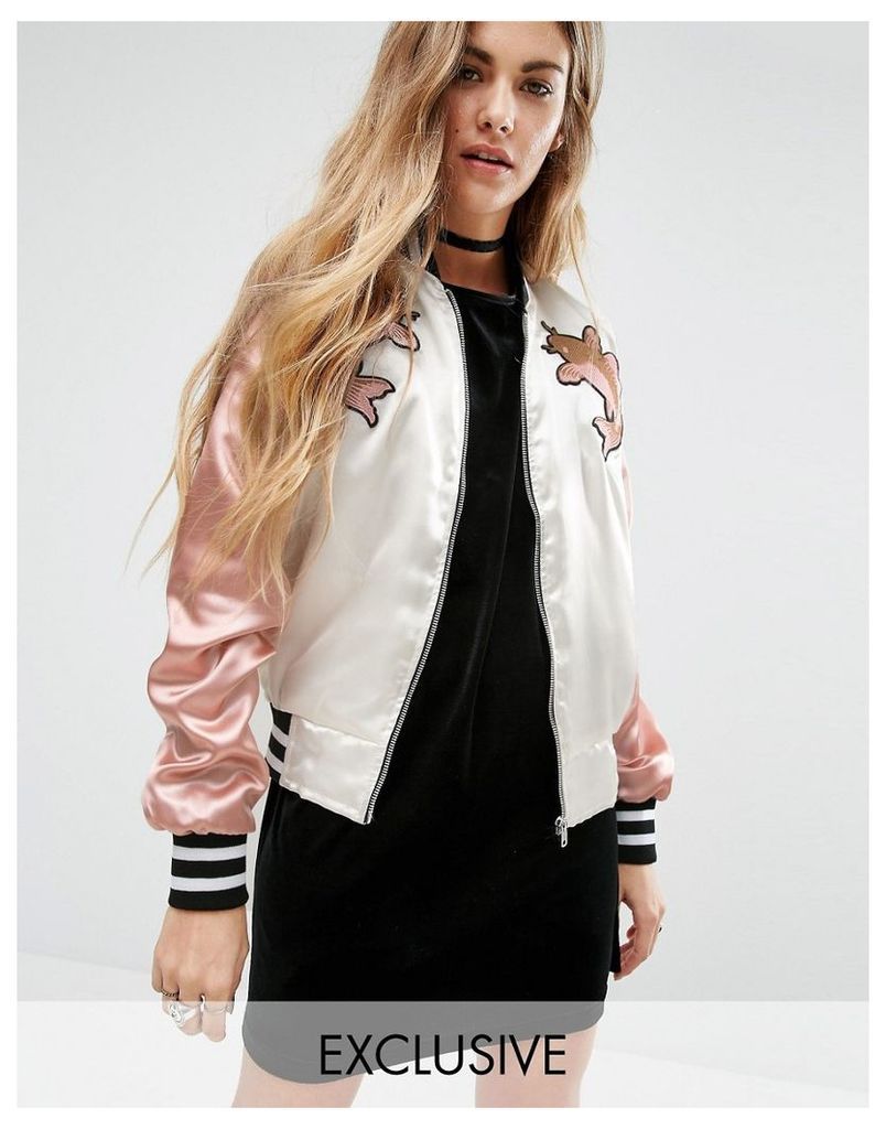 Reclaimed Vintage Luxury Trophy Bomber Jacket With Embroidered Patches - Ivory/pink