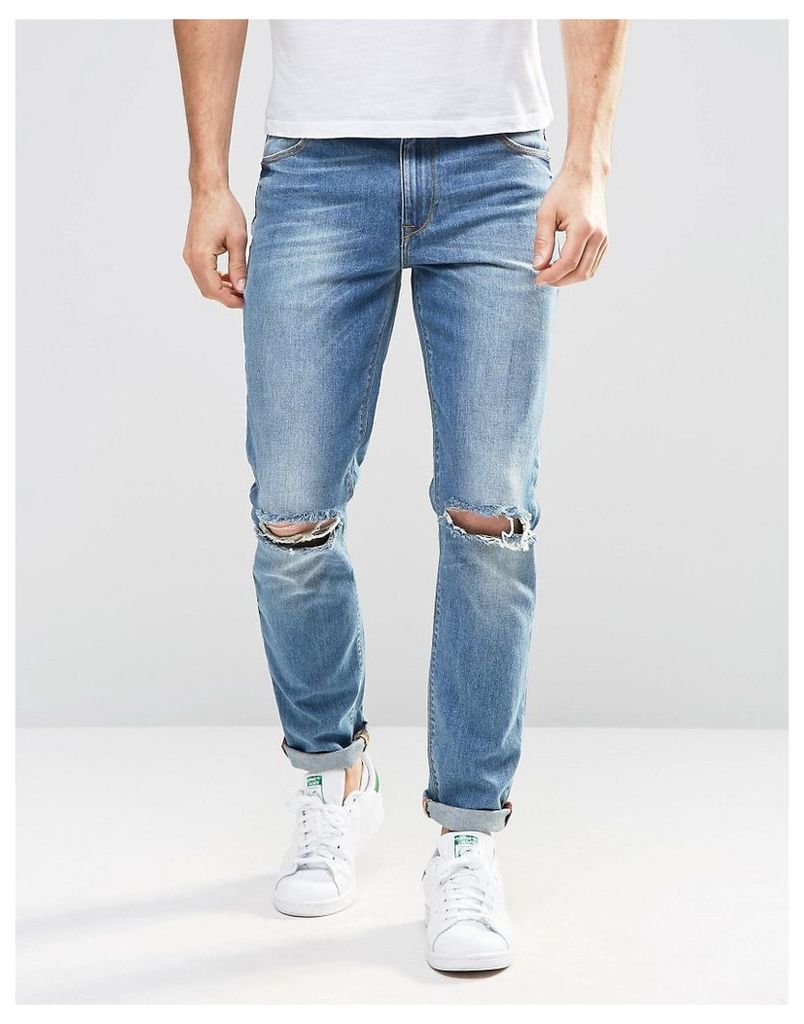 ASOS Skinny Jeans In Mid Wash With Knee Rips - Mid wash blue