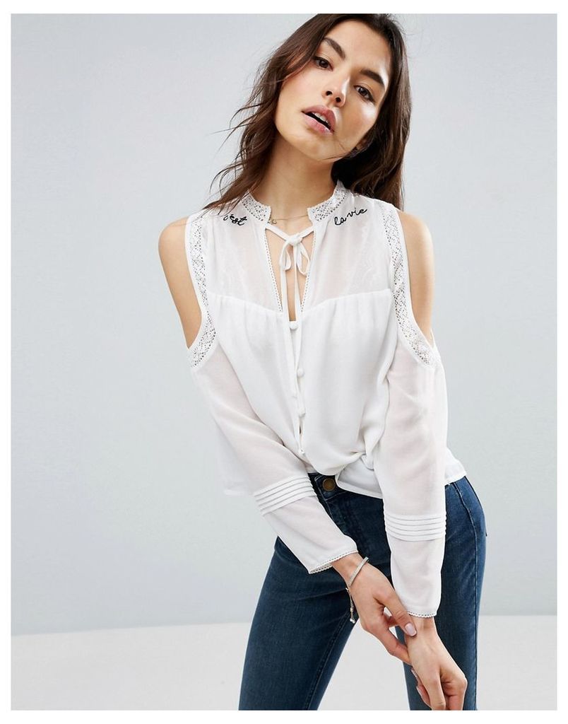 ASOS Cold Shoulder Blouse with C'est La Vie Embroidery - Ivory