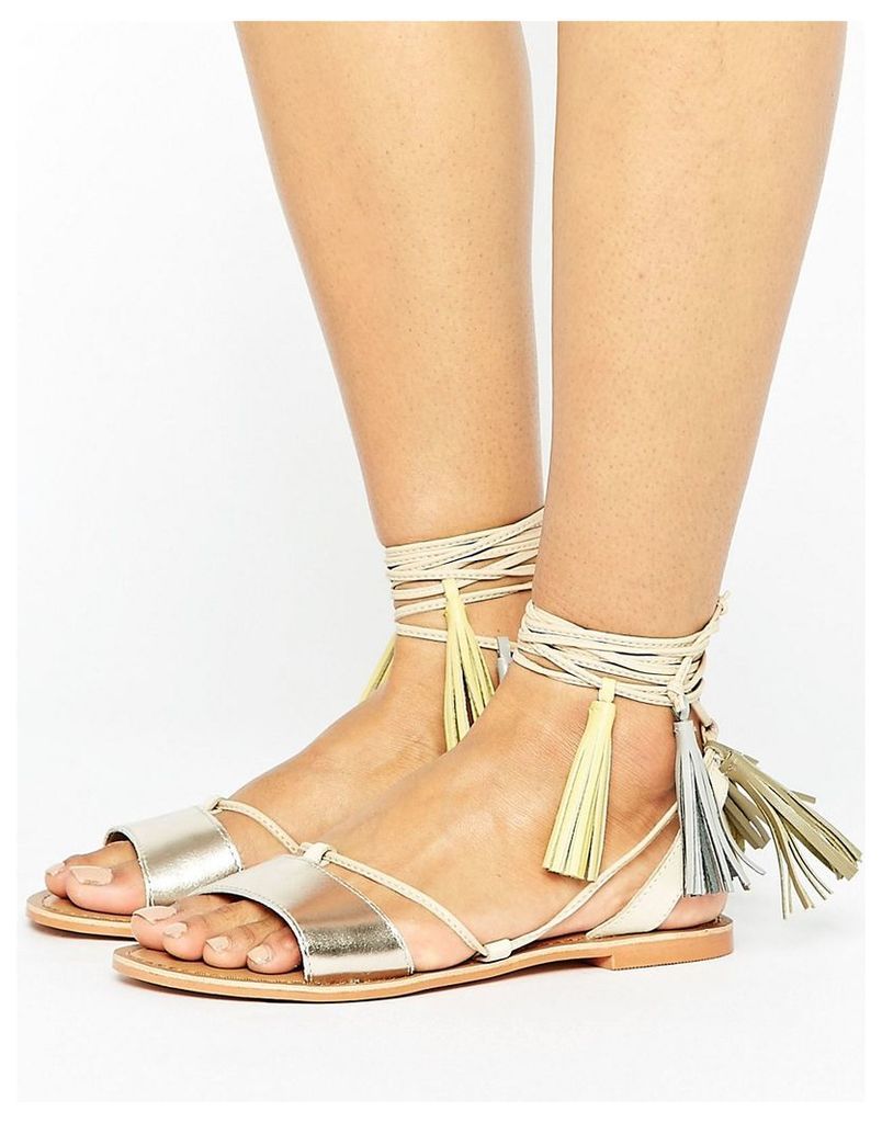 Glamorous Rose Gold Leather Tassle Tie Up Flat Sandals - Rose gold leather