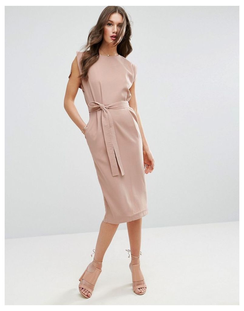 ASOS Belted Midi Dress with Split Cap Sleeve and Pencil Skirt - Pink