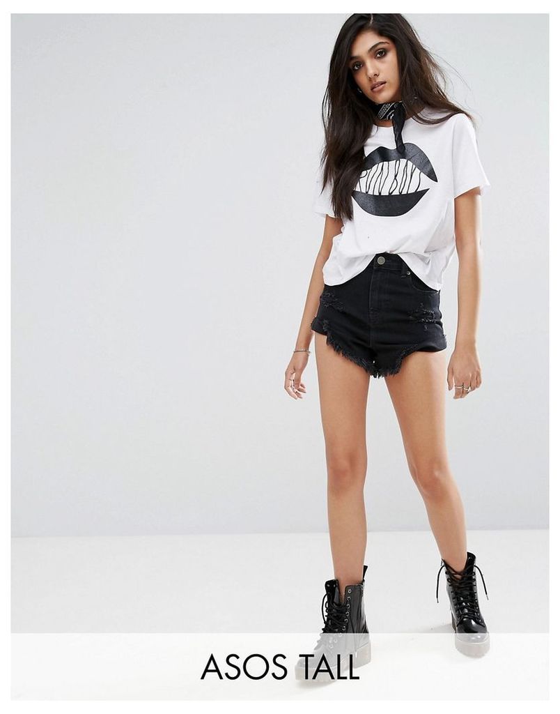 ASOS TALL Denim Shorts With Shredded Rips in Washed Black - Black