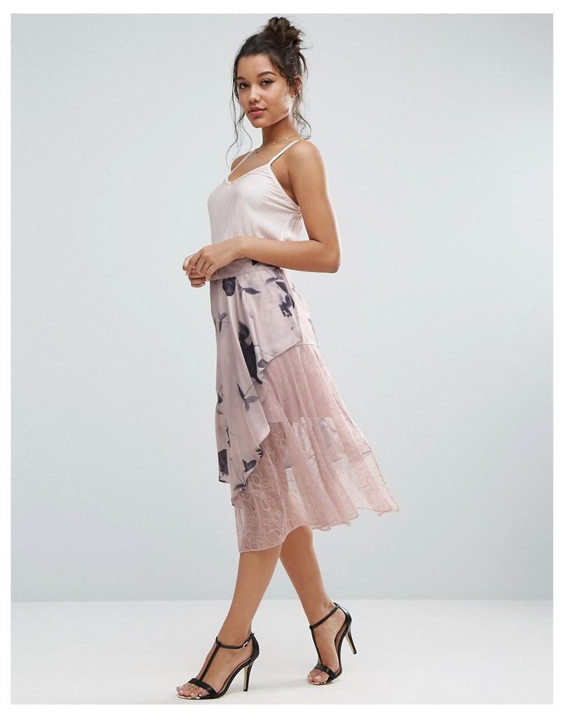 ASOS Satin Deconstructed Skirt with Lace Detail in Floral Print - Multi