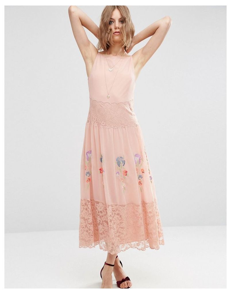 ASOS PREMIUM Maxi Slip Dress With Neon Embroidery - Pink