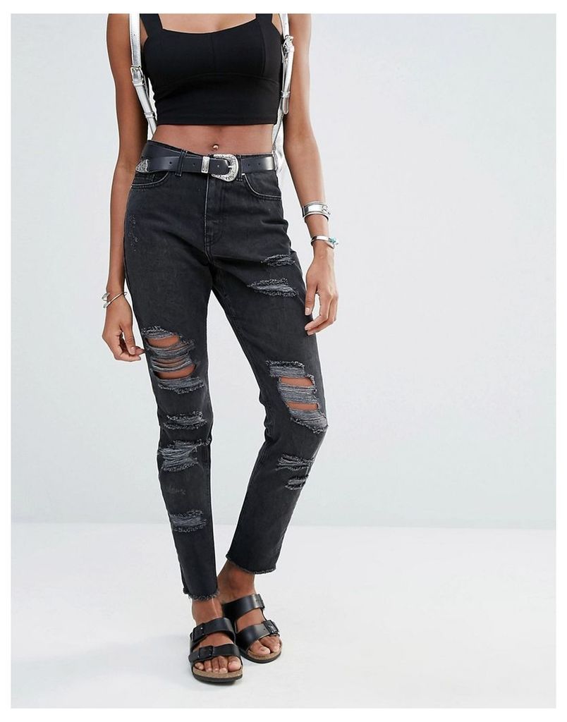 Missguided Riot High Rise Rip Mom Jeans - Washed black