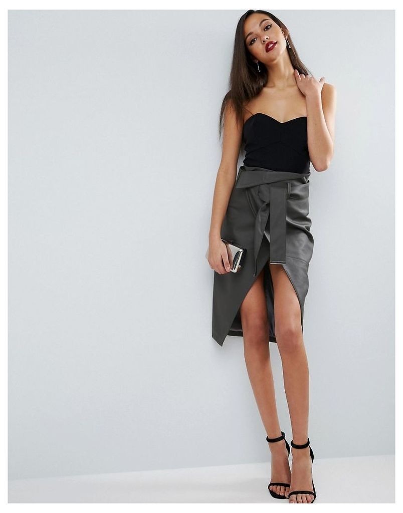 ASOS Pencil Skirt in Leather Look with Double Split and Self Belt - Grey