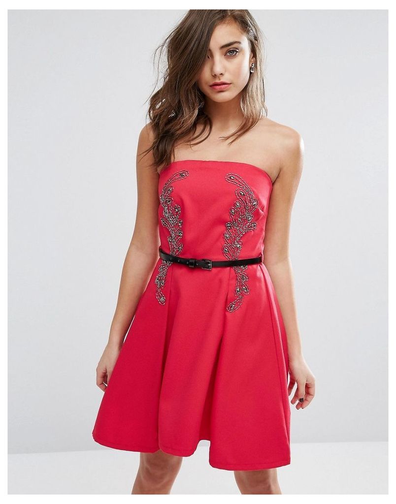 Little Mistress Bandeau Skater Dress With Embellished Detail - Fushia