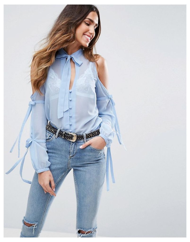 ASOS Pussy Bow Blouse With Cold Shoulder and Tie Sleeve - Light blue