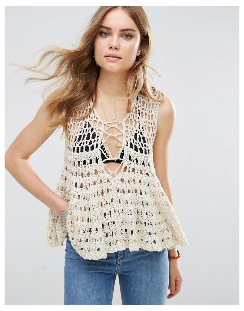 Free People Circles Within Crochet Knit Lace Up Vest Top - Cream