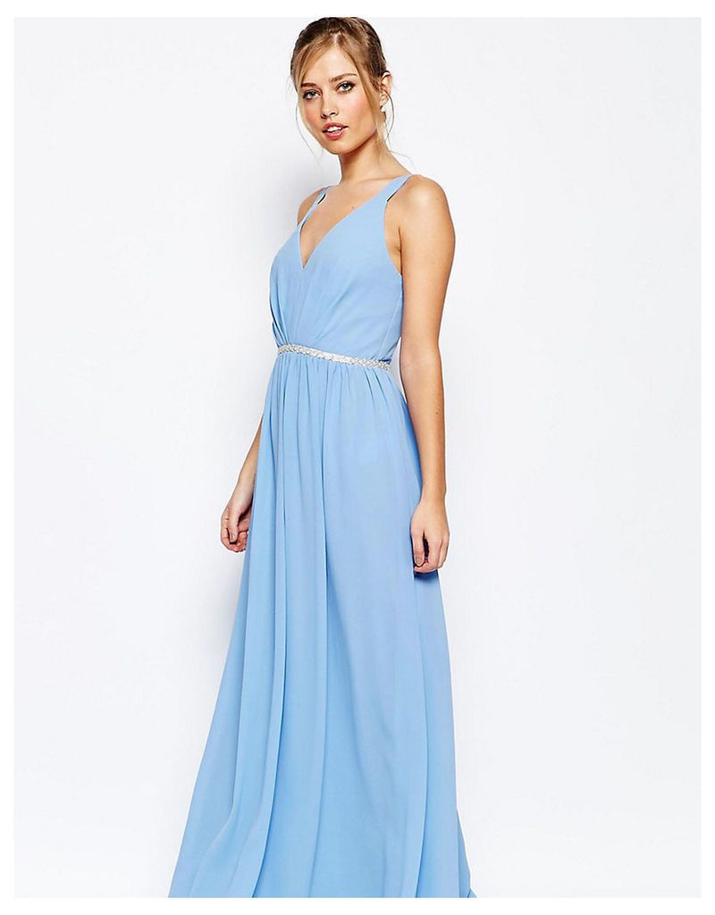 Jarlo Tall V Neck Maxi Dress In Chiffon With Embellished Waist - Blue