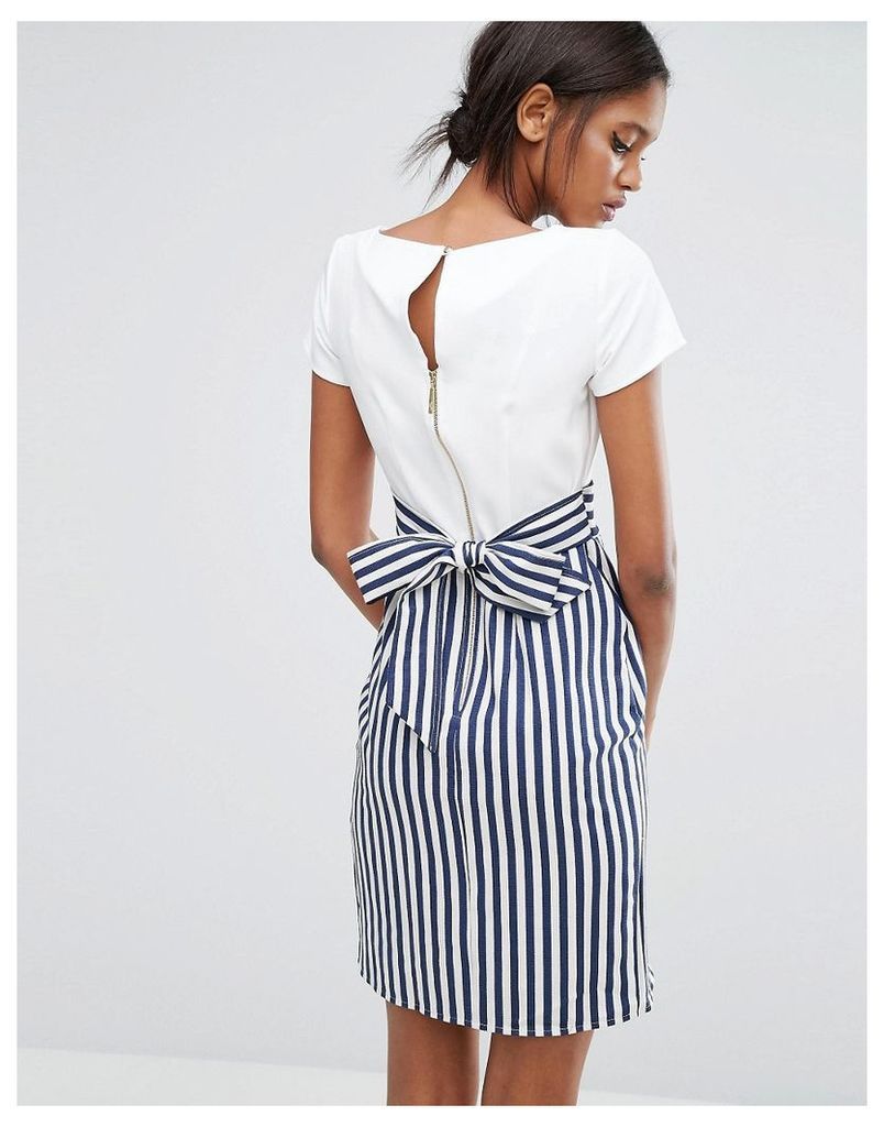 Closet Tie Back Stripe Button Dress - Navy and white