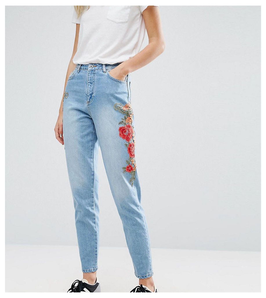 Kubban Tall Floral Embroidered Side Mom Jeans - Mid blue