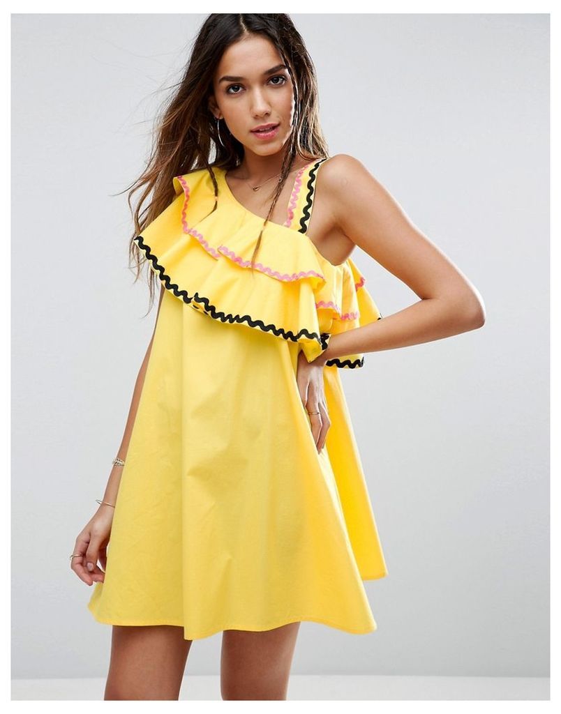 ASOS Rik Rak Trim Ruffle One Shoulder Sundress in Structured Cotton - Yellow