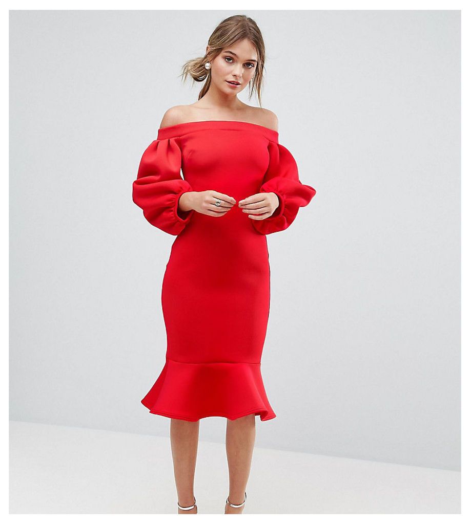 True Violet Balloon Sleeve Bodycon Dress With Pep Hem - Red
