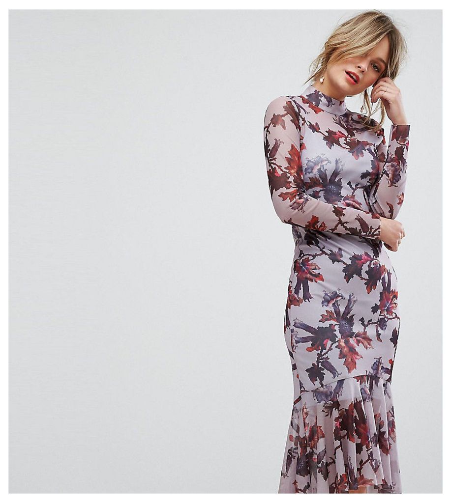 Hope & Ivy Long Sleeve Floral Printed Mesh Dress With Peplum Hem - Multi lilac