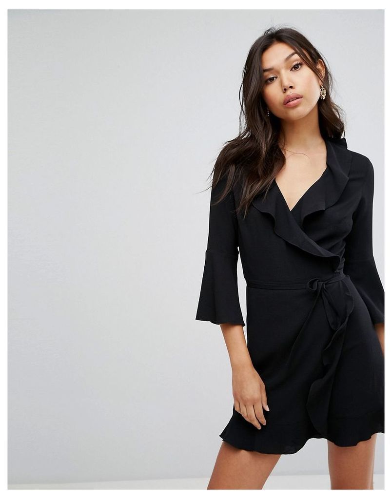 Outrageous Fortune Ruffle Wrap Dress With Fluted Sleeve - Black