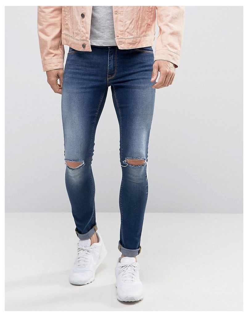 ASOS Extreme Super Skinny With Knee Rips In Mid Blue Wash - Mid blue