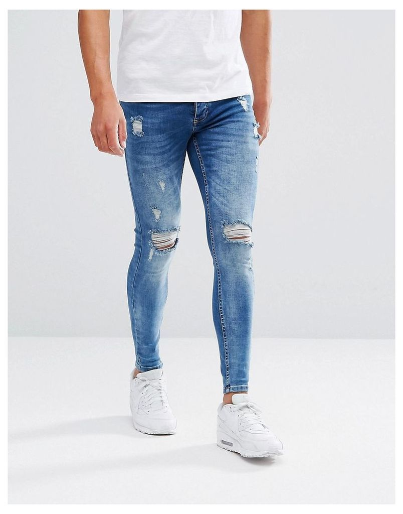 Kings Will Dream Muscle Jeans In Midwash Blue With Distressing - Blue