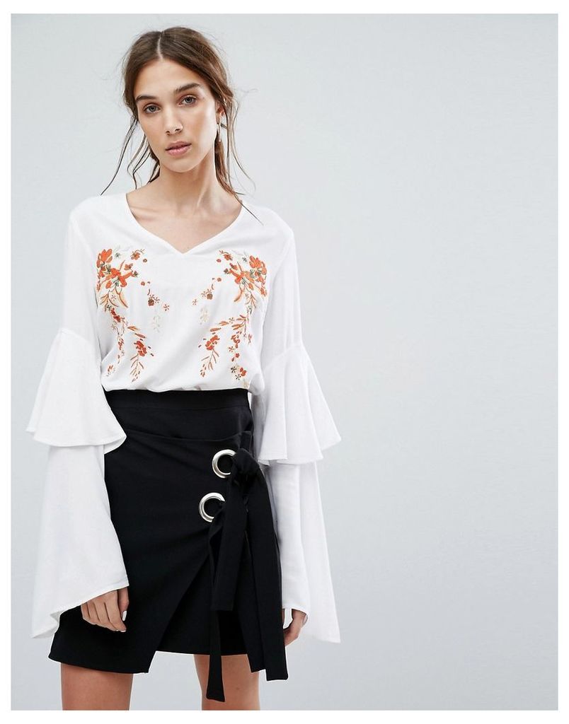 Neon Rose V-Neck Top With Layered Ruffle Sleeves And Floral Embroidery - White