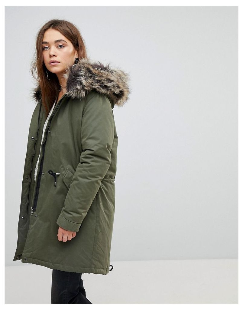 Only Down Parka With Faux Fur Hood - Green