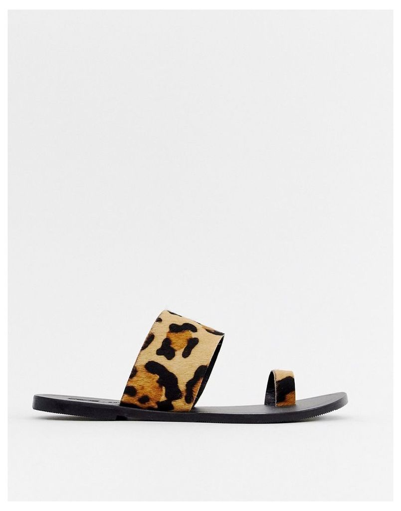 ASOS DESIGN Faro leather toe loop flat sandals in leopard-Multi