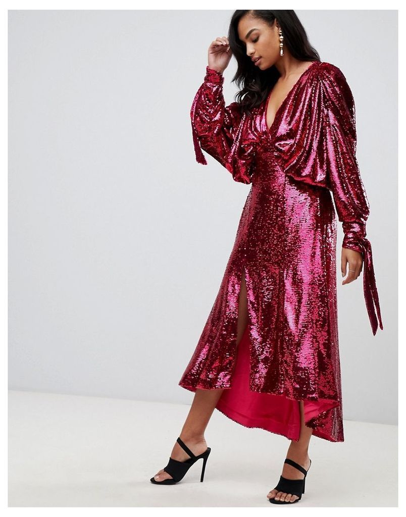 sequin batwing midi dress with bow detail-Pink
